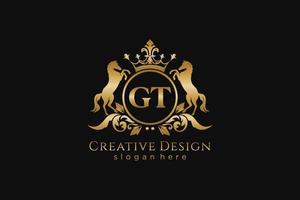 initial GT Retro golden crest with circle and two horses, badge template with scrolls and royal crown - perfect for luxurious branding projects vector
