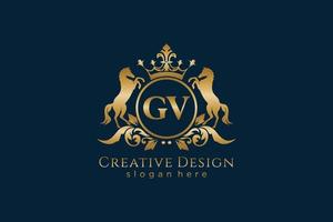 initial GV Retro golden crest with circle and two horses, badge template with scrolls and royal crown - perfect for luxurious branding projects vector