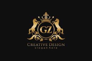 initial GZ Retro golden crest with circle and two horses, badge template with scrolls and royal crown - perfect for luxurious branding projects vector