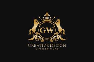 initial GW Retro golden crest with circle and two horses, badge template with scrolls and royal crown - perfect for luxurious branding projects vector