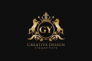initial GY Retro golden crest with circle and two horses, badge template with scrolls and royal crown - perfect for luxurious branding projects vector