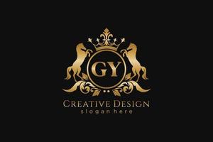 initial GY Retro golden crest with circle and two horses, badge template with scrolls and royal crown - perfect for luxurious branding projects vector