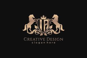 initial IA Retro golden crest with shield and two horses, badge template with scrolls and royal crown - perfect for luxurious branding projects vector