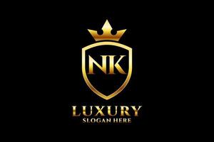 initial NK elegant luxury monogram logo or badge template with scrolls and royal crown - perfect for luxurious branding projects vector