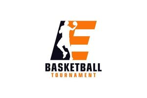 Letter E with Basketball Logo Design. Vector Design Template Elements for Sport Team or Corporate Identity.