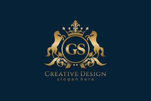 initial GS Retro golden crest with circle and two horses, badge template with scrolls and royal crown - perfect for luxurious branding projects vector