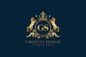 initial GS Retro golden crest with circle and two horses, badge template with scrolls and royal crown - perfect for luxurious branding projects vector