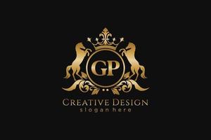 initial GP Retro golden crest with circle and two horses, badge template with scrolls and royal crown - perfect for luxurious branding projects vector