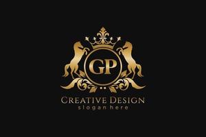 initial GP Retro golden crest with circle and two horses, badge template with scrolls and royal crown - perfect for luxurious branding projects vector