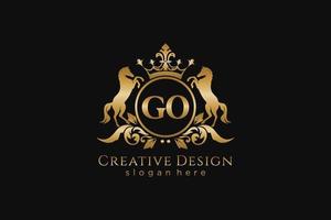 initial GO Retro golden crest with circle and two horses, badge template with scrolls and royal crown - perfect for luxurious branding projects vector