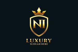 initial NI elegant luxury monogram logo or badge template with scrolls and royal crown - perfect for luxurious branding projects vector