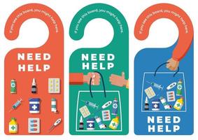 Door hanger labels with Need Help signal - medicines vector