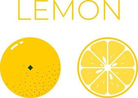 Lemon and sliced half of lemon with fruit name above. Vitamin citrus fruit. Flat isolated vector on white background