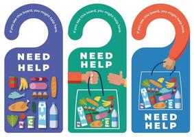 Door hanger labels with Need Help signal - food vector