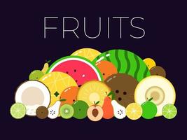 Group with different sorts of fruits with sliced halfs. Vitamin fruit pack. Flat isolated vector on dark background