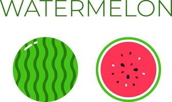 Watermelon and sliced half of watermelon with fruit name above. Vitamin citrus fruit. Flat isolated vector on white background