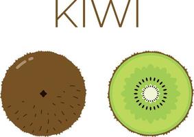 kiwi y la mitad del kiwi en rodajas con el nombre de la fruta arriba. cítricos vitamínicos. vector plano aislado sobre fondo blanco