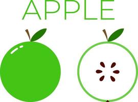 manzana verde y mitad de manzana en rodajas con el nombre de la fruta arriba. cítricos vitamínicos. vector plano aislado sobre fondo blanco
