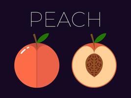 Peach and sliced half of Peach with fruit name above. Vitamin citrus fruit. Flat isolated vector on dark background