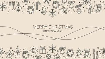 Christmas banner background with linear icons. Dark contour on beige background. Vector. vector