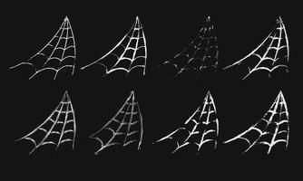 Set of hanging in a corner spider web in sketch style. Thin uneven grunge paint brush strokes, smears. Design elements for Halloween design. Spooky, scary, horror halloween decor. Vector. vector