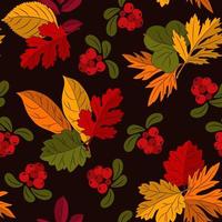 Seamless autumn pattern with natural elements on dark background. Colorful leaves, cowberry. Vector. vector