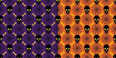 Set of geometric halloween orange and violet seamless pattern with skulls, spiderweb, bones in diagonal square grid. Vector. vector