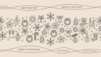 Christmas banner background with linear icons. Semaless border. Dark contour on beige background. Vector. vector