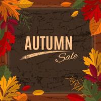 fondo de venta de otoño con hojas para la venta de compras, afiche promocional, volante, banner web. hojas coloridas, hierba en madera de corteza marrón o textura craquelada. vector