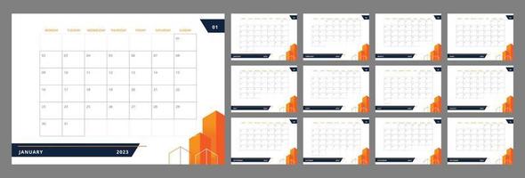 Urban infrastructure development desk calendar design template for 2023 year. Editable 12 months pages set. Week starts on Sunday. Monthly custom schedule pack ready for print