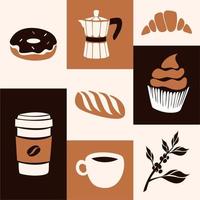 Coffeeshop and bakery set. Coffee, croissant, kettle, mug, muffin, beans, food and barista equipment. Vector icon set. Restaurant branding template, menu design