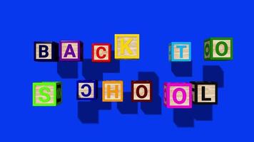 juguetes de vuelta a la escuela bloques de letras cayendo a cámara lenta, representación 3d video
