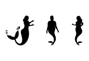 Three Mermaid Black Silhouette Illustrations on White Background vector