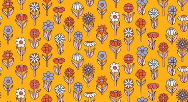 groovy background. Seamless bright repeat pattern of simple blooming flowers in 1970s psychedelic hippie style. graphic decor ornament in retro design. vector illustration