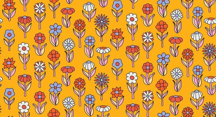 groovy background. Seamless bright repeat pattern of simple blooming flowers in 1970s psychedelic hippie style. graphic decor ornament in retro design. vector illustration
