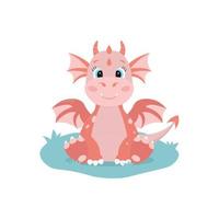 Red dragon sitting on grass. Cute cartoon character in flat style. Vector illustration on white background.