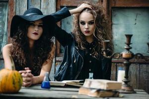 Two vintage witch sitting at the table photo