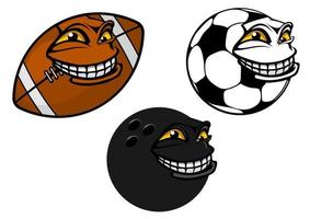fútbol de dibujos animados sonriente, fútbol y bola de bolos vector