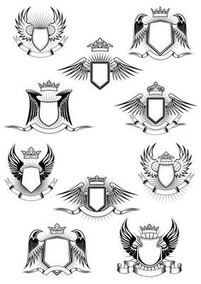 Heraldic winged shields with crowns and ribbon banners