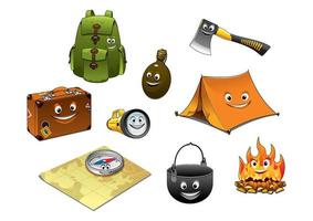 Cartoon camping and travel icons set vector