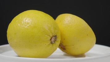 Delicious lemon moving on turntable isolate on the black background. video