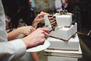 bride and groom is cutting cake photo