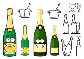 Champagne bottles cartoon characters and icons vector