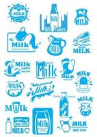 Milk blue labels and icons with splashes vector