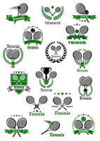 emblemas de tenis con pelotas, raquetas y trofeo vector