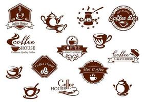 Coffee icons, banners and logos in brown vector