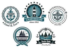 Vintage marine in blue and white emblems or labels vector