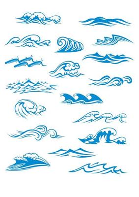 Ocean or sea waves, surf and splashes set