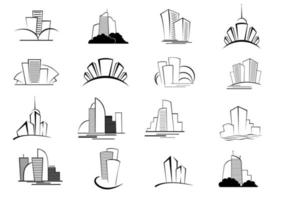 Set of stylized outline building icons vector