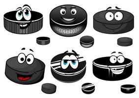 Cartoon black ice hockey pucks characters vector